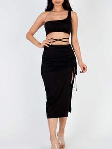 Women's Sexy One Shoulder Crop Top With Criss Cross Detail And Ruched Split Thigh Midi Skirt Two Piece Set Comfortable Knitted Fabric For Casual Or Party Wear - 黑色 - 查看 1