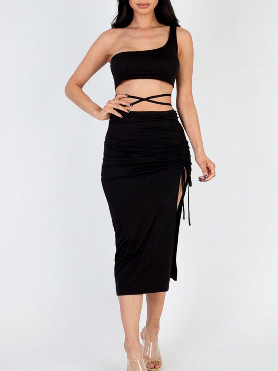 Women's Sexy One Shoulder Crop Top With Criss Cross Detail And Ruched Split Thigh Midi Skirt Two Piece Set Comfortable Knitted Fabric For Casual Or Party Wear - 黑色 - 查看 1
