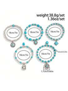 5 Pieces/Set Of Bohemian Imitation Turquoise Vintage Bracelet Advanced Design Sense Personalized Beaded Bracelet Set