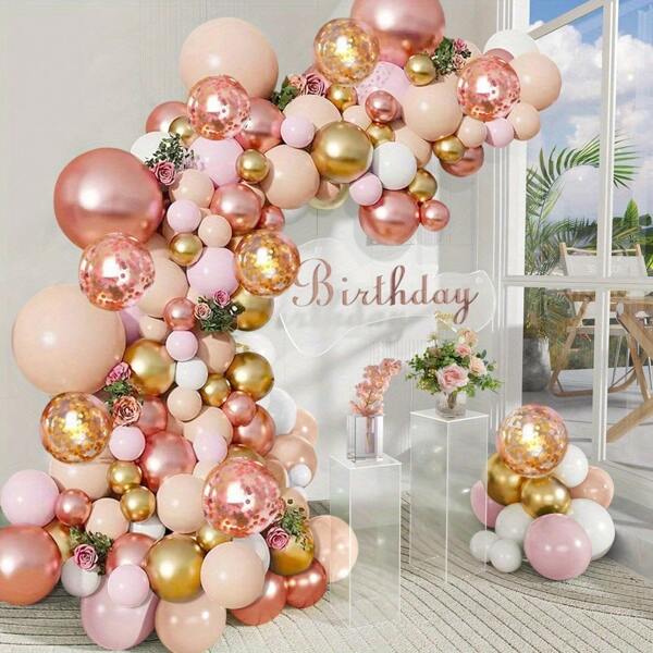 115pcs Champagne Rose Balloon Arch Kit - Elegant Pink, White And Confetti Balloons For Weddings, Birthdays, Engagements And Bridal Showers - Includes "Birthday" Letters And Floral Decor, Party Decorations | Luxury Celebration Set | Confetti Decorations, Wedding Balloons