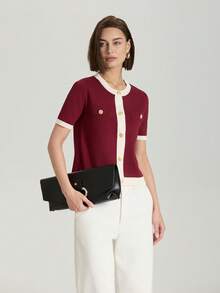 Button-Down Short Sleeve Knit Cardigan, Minimalist & Fashionable, Suitable For Summer - Red - View 3