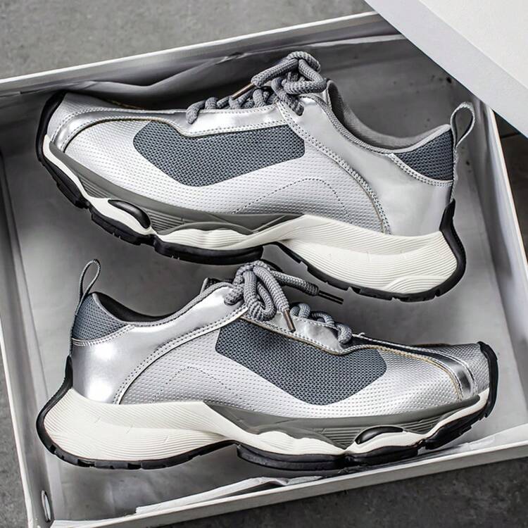 Men's Black Thick-Sole Shock-Absorbing Comfortable Versatile Chunky Sneakers - Silver - View 6