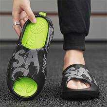 Sandalias de deslizamiento de cuero para hombres, pantuflas de playa, pantuflas con correa para exteriores - Negro - Ver 3