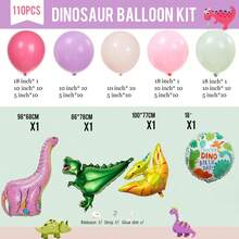 Set de 110 piezas de guirnalda de arco con globos de tema de dinosaurios rosados, que incluye globos de látex rosados, verdes, morados y globos de aluminio con formas de dinosaurios de cuello largo rosados, dinosaurios con cuernos y pterosaurios, perfecto para decoraciones de fiesta de cumpleaños, fondo decorativo, reuniones familiares y suministros de fiesta con tema de dinosaurios de dibujos animados - Multicolor - Ver 3