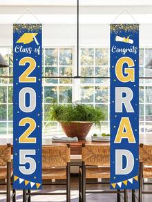 Juego de 2 piezas - Decoraciones de graduación 2025, pancarta de graduación, letrero de bienvenida para puerta del porche en negro, para paredes interiores y exteriores, decoraciones de graduación, clase de 2025 (azul) - Azul - Ver 2