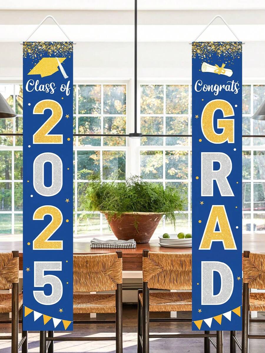 Juego de 2 piezas - Decoraciones de graduación 2025, pancarta de graduación, letrero de bienvenida para puerta del porche en negro, para paredes interiores y exteriores, decoraciones de graduación, clase de 2025 (azul)