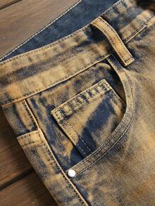 Men's Fashion Ripped Pocket Casual Streetwear Color Block Denim Jeans - Multicolor - View 7