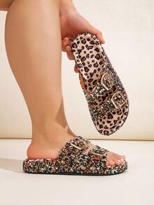 Wide Fit Best-Selling Beige And Black Casual Home, Beach, Vacation Slide Sandals With Diamond Glitter Decor For Women
