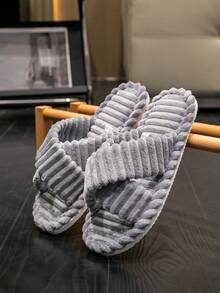 Pantuflas ligeras de hombre con diseño de cruce, pantuflas interiores minimalistas a rayas de forro polar suave, de dedo abierto, transpirables, unisex para todas las estaciones - Gris - Ver 2