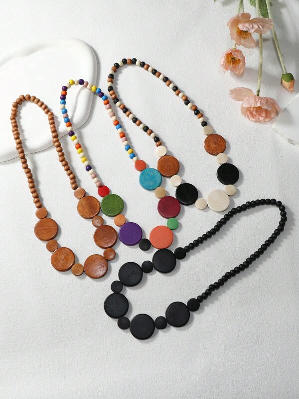 Vintage Wooden Slice Circle Necklace, Bohemian Style Minimalist Pendant, Nature Inspired
