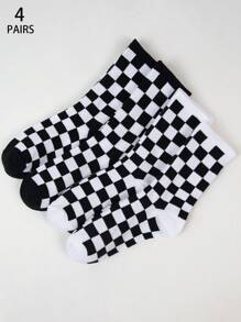 2/4/5/6 Pairs Of Women's Black & White Checkerboard Patterned Crew Socks, Personalized Casual Socks, Versatile For All Season, Suitable For Outdoor, Party, Gift, Y2k, Goth, School, Soft, Breathable