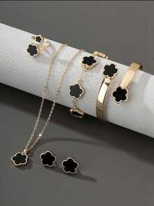 6 件套幸运四叶草设计手链、项链、耳环、手镯和戒指套装，精致时尚的青少年珠宝礼品套装