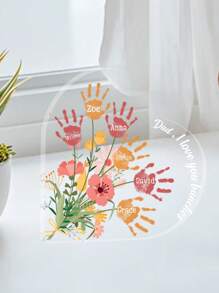 Personalized Acrylic Heart Shaped Desk Sign Customizable With Handprints And Names Perfect For Father's Day Decorations Featuring Colorful Floral Elements And Family Handprints Ideal Gift For Dad Papa Grandpa Unique Desktop Keepsake For Office Or Home Touching Family Souvenir For Holidays Birthdays And Special Occasions