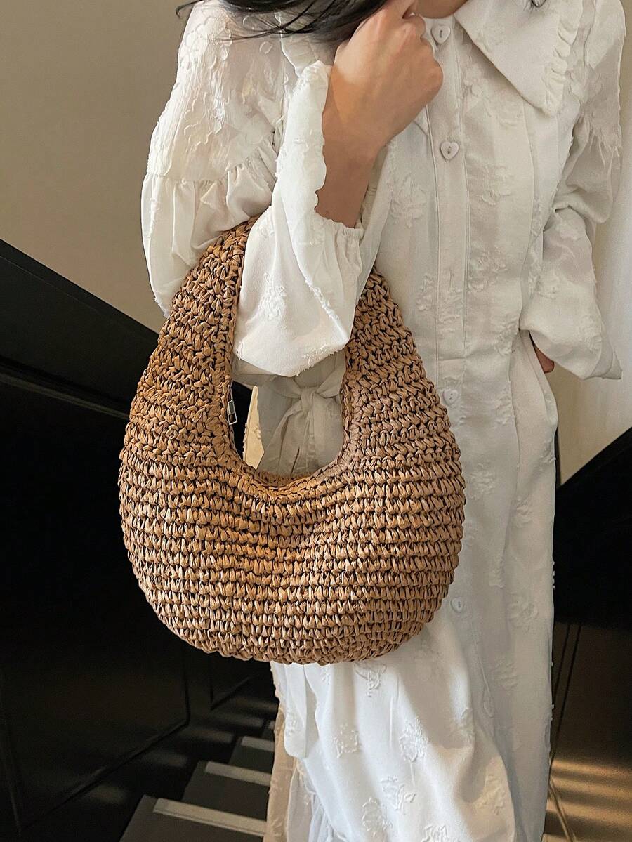 Fashionable Minimalist Handmade Straw Shoulder Tote Bag For Women