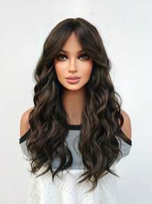 Schwarze und braune lockige Perücken mit Pony, lange gewellte Perücken für Frauen mit natürlichem Aussehen, synthetische Perücke, lange Perücke für den täglichen Gebrauch, Cosplay Party