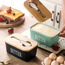 1 Piece Of Butter Dish, With Bamboo Lid, Multi-Functional Butter Dish, Ceramic French-Style Butter Plate, Suitable For Spreading Soft Butter, Equipped With A Waterproof Sealed Butter Container Stand, Very Suitable For Kitchen Baking And As A Gift. Sealed Butter Container Lid, Suitable For Kitchen Countertop Or Refrigerator Use, Household Kitchen Utensil.