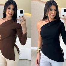 Women's Asymmetrical One Shoulder Ribbed Elegant Blouse - 黑色 - 查看 2