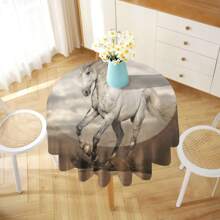 1pc Horse Pattern Printed Tablecloth, Modern Polyester Rectangular/Round Waterproof Tablecloth, Digital Printing Suitable For Living Room, Outdoor Dining Table, Small Round Table