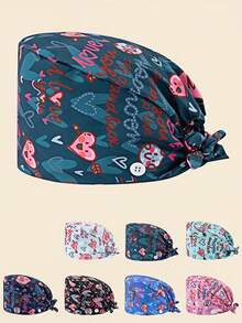 1 件女士涤纶护士帽，印有“Love”字母图案，侧面有白色纽扣，内侧有吸汗带，实用又时尚，适用于美容院、牙科诊所、兽医院和家庭清洁工