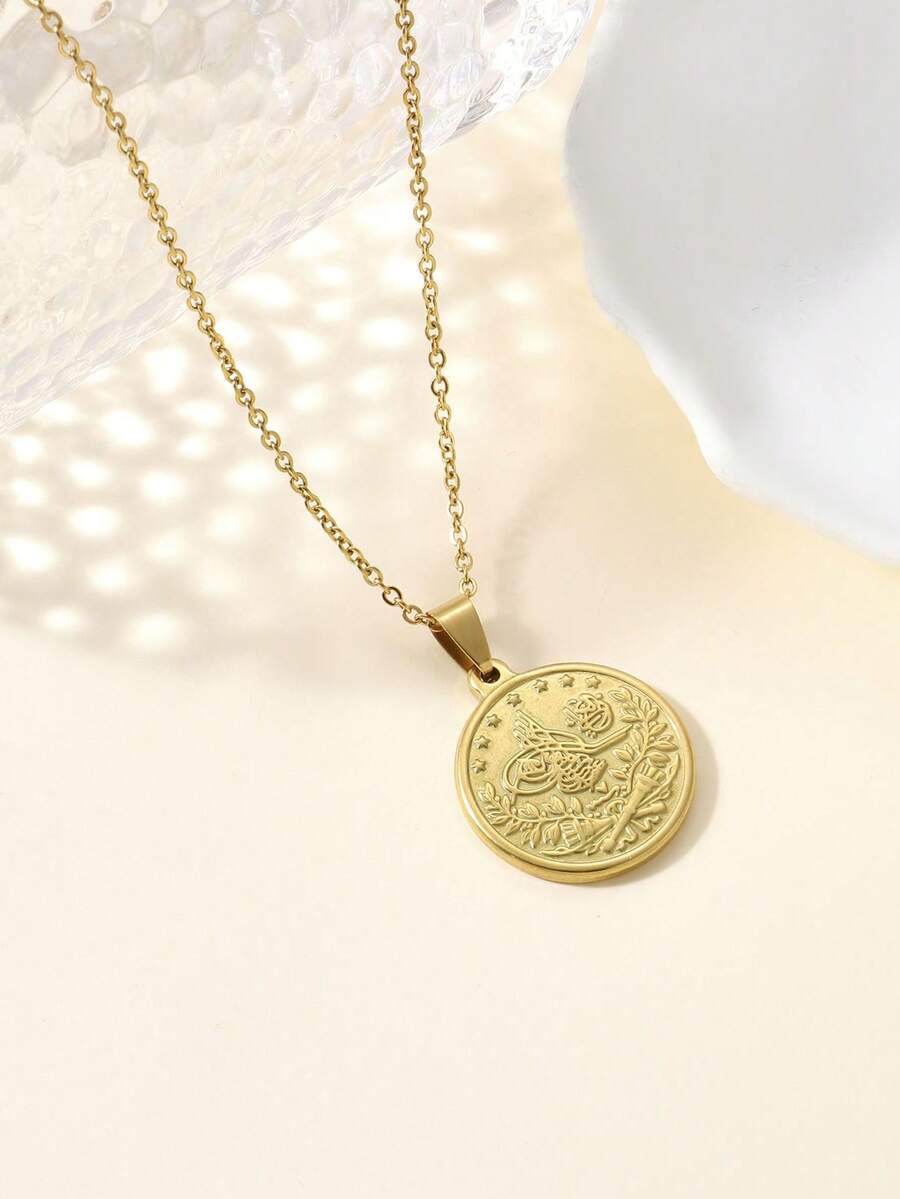 1pc Classic Vintage Solid Round Medal Pendant Necklace With Stainless Steel Double-Sided Pattern Design - Yellow Gold - View 1