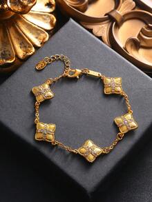 1 件优雅闪亮金色幸运四叶草水钻手链，女士迷人饰品 - 金色 - 查看 5