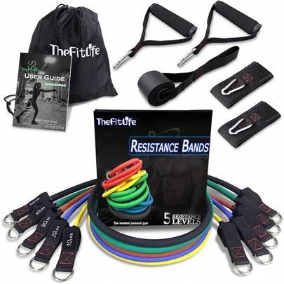 TheFitLife Exercise Resistance Bands With Handles - 5 Fitness Workout Bands Stackable Up To 110/150/200/250/300 Lbs, Training Tubes With Large Handles