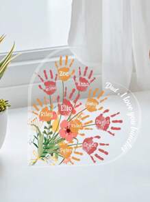 Personalized Acrylic Heart Shaped Desk Sign Customizable With Handprints And Names Perfect For Father's Day Decorations Featuring Colorful Floral Elements And Family Handprints Ideal Gift For Dad Papa Grandpa Unique Desktop Keepsake For Office Or Home Touching Family Souvenir For Holidays Birthdays And Special Occasions