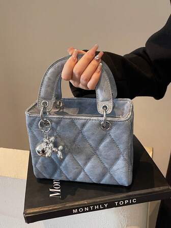 女士仿皮菱形绣花线迷你方形包，百搭休闲手提包，配流苏斜挎带