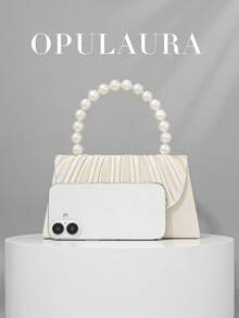 OpulAura 女士优雅仿珍珠缎手提包，浪漫婚礼派对包，精致迷人的晚礼服配饰，褶皱设计正式女士手拿包，适合正式场合、婚礼、生日、派对；也是一份很棒的礼物