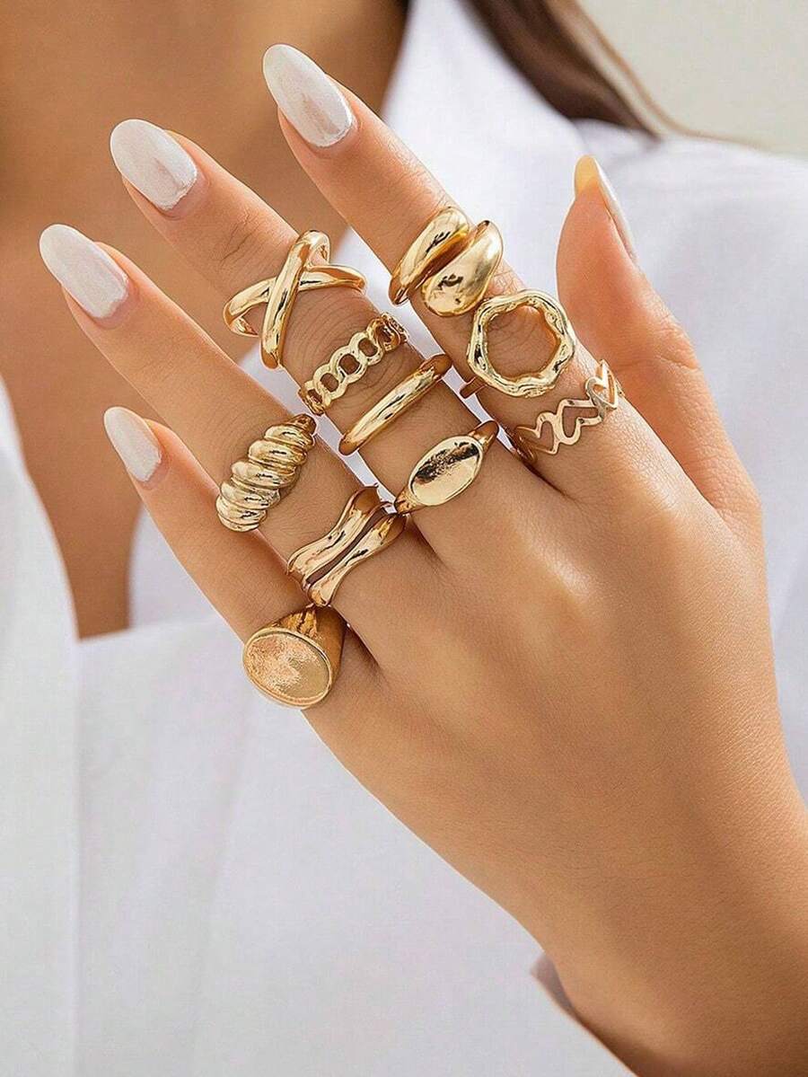 10件/套几何弧形关节戒指，夸张开口戒指套装 - 10隻戒指 - 查看 1