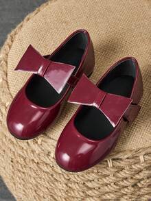 1 Pair Girls School Leather Shoes, Princess Performance Shoes, Round Toe Plaid Bow Soft Leather Pageant Flats, Cute & Fashionable - Burgundy - View 1