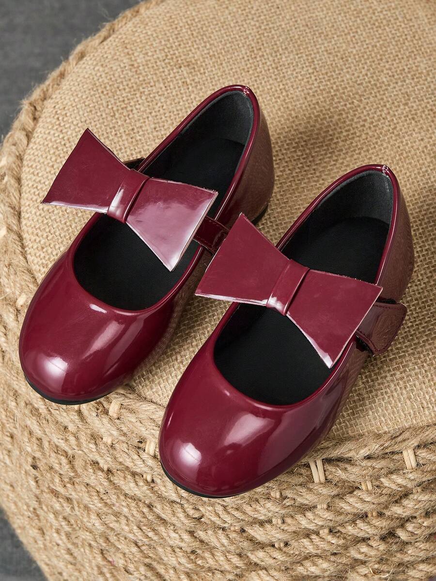 1 Pair Girls School Leather Shoes, Princess Performance Shoes, Round Toe Plaid Bow Soft Leather Pageant Flats, Cute & Fashionable - Burgundy - View 1