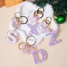 1 Creative Keychain With Alphabet Stone Drops Glue Resin Accessories Butterfly Fringe Alphabet Pendant Keychain Girl
