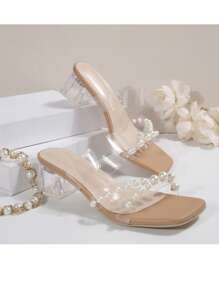 Sandalias de tacon grueso de verano para mujer de talla grande, estilo europeo, con diseño de perla, cómodas, transparente. Adecuadas para uso casual, playa y verano. Zapatos abiertos de tacón alto, elegantes y sexy. Cómodos sandalias de tacón alto color albaricoque.