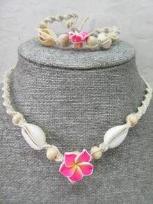 2pcs Bohemian Beach Vacation Style Soft Clay Flower Shell Braided Adjustable Women Necklace & Anklet Set - Pink - View 1