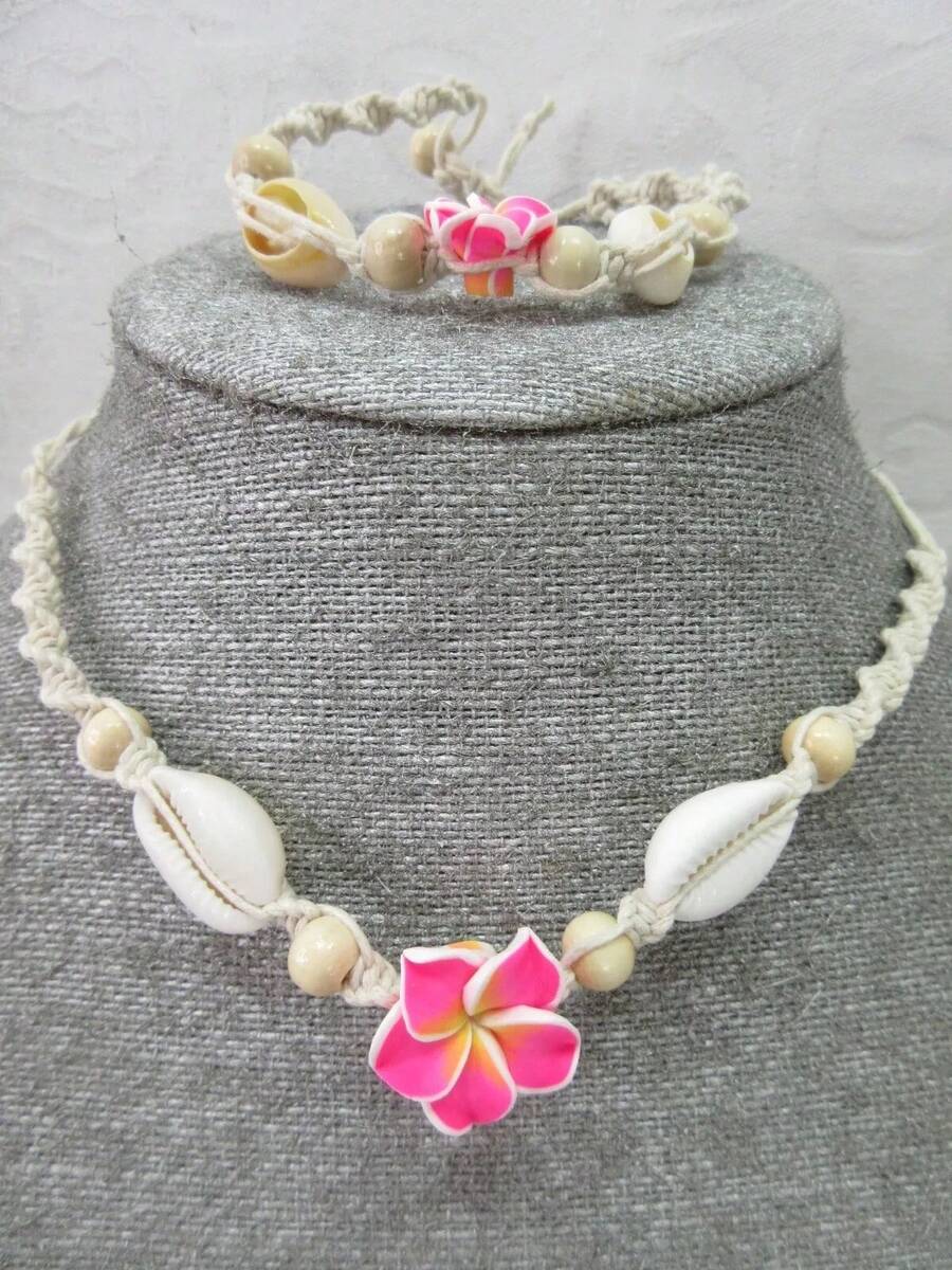 2pcs Bohemian Beach Vacation Style Soft Clay Flower Shell Braided Adjustable Women Necklace & Anklet Set - Pink - View 1