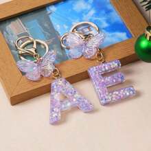 1 Creative Keychain With Alphabet Stone Drops Glue Resin Accessories Butterfly Fringe Alphabet Pendant Keychain Girl