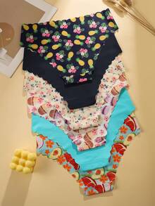 6 pièces/Pack Sous-vêtements femme invisible, bord à vague lisse, culottes douces et confortables pour femmes avec un design d'imprimé exquis de gâteau aux fruits et de fleurs