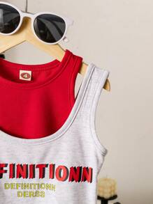 2pcs/Set Girls Casual Faux Two Pieces Colorblock Letter Print Sleeveless Top And Mini Skirt Set