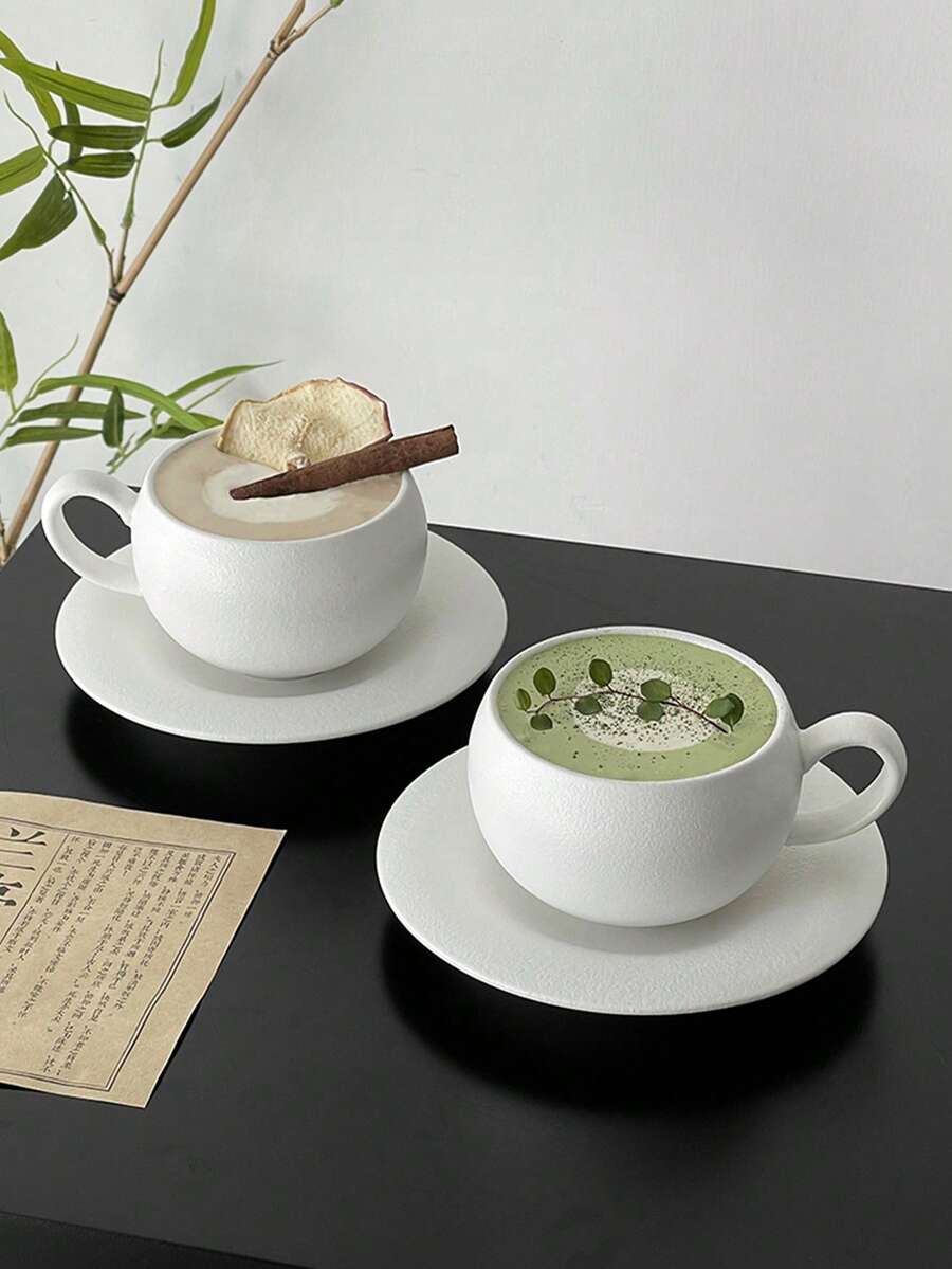 1pc Exquisite Matte Stone Textured Cup & Saucer Set, White Ceramic Cup, Egg-Shaped Coffee/Mug Cup, Unique Cup