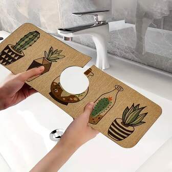 1 pieza Alfombra absorbente para grifos con estampado de cactus, alfombrilla a prueba de humedad y antideslizante de poliéster resistente, para fregaderos de cocina y baño, alfombrilla de succión para grifos, alfombra de secado adecuada para encimeras de baño, accesorios de cocina y baño