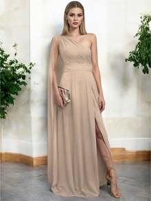 Vestido Elegante Asimetrico con Abertura Lateral y Holgado de la Parte Inferior Hombro Descubierto con Capa - Caqui - Ver 3