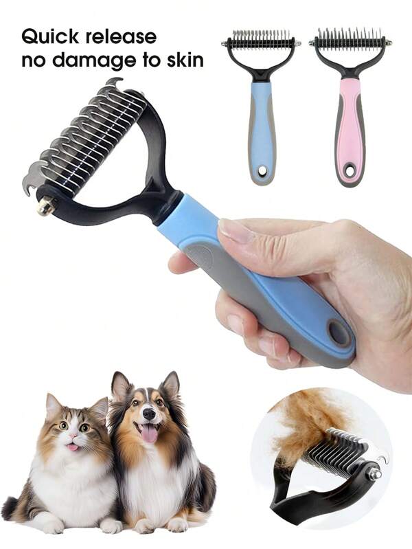 Peigne de toilettage pour animaux de compagnie à double face conçu pour réduire la perte de poils et démêler. Caractéristiques d'une poignée confortable et antidérapante pour une manipulation facile. Dents arrondies et douces pour éviter l'irritation de la peau, ce qui le rend sûr pour les chats et les chiens. Parfait pour éliminer les poils lâches et favoriser un pelage sain