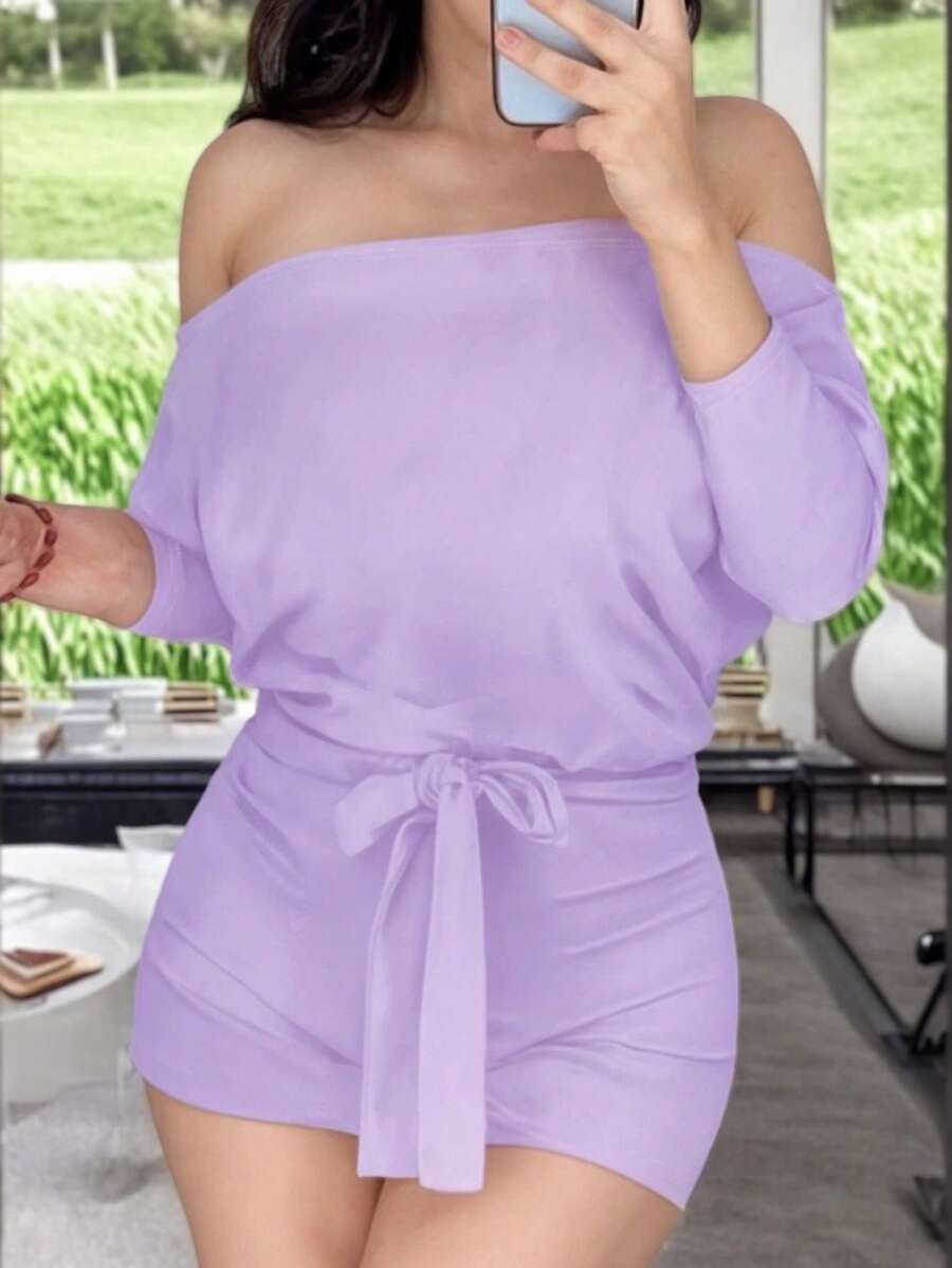 Short Off-The-Shoulder Jumpsuit With Belt Detail - Lilac Purple - View 1