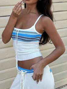 Summer Striped Contrast Color Slim Fit Design Knitted Tank Top Short Women's Clothing - 彩色 - 查看 3