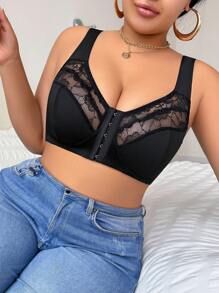 1pc Women Plus Size Solid Color Silver Metallic Lace Front Closure Wireless Bra