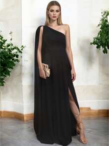 Vestido Elegante Asimetrico con Abertura Lateral y Holgado de la Parte Inferior Hombro Descubierto con Capa - Negro - Ver 3
