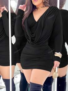 Robe moulante mini à col V sexy pour femmes, couleur unie, robe de soirée pour adultes