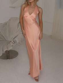 Women Halter Satin Maxi Dress Sleeveless Tie Up Backless V Neck Elegant Cocktail Dresses Wedding Guest Dress - 粉色 - 查看 3