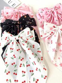 5pcs Cherry Print Bowknot Spring Clip Floral Hair Clips, Sweet Flower Headpieces For Spring/Summer Party, Fruit & Vegetable Design, Bohemian Style Synthetic Fiber ,Hair Accessory ,Travel, Claw Clips, Hair Slide, Hair Claws